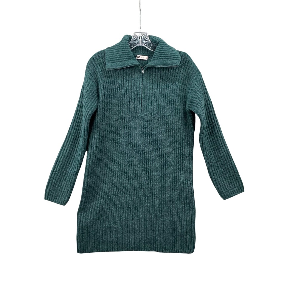 SO Quarter Zip Sweater Dress Womens Small Green Ribbed Knit Long Sleeve Mini